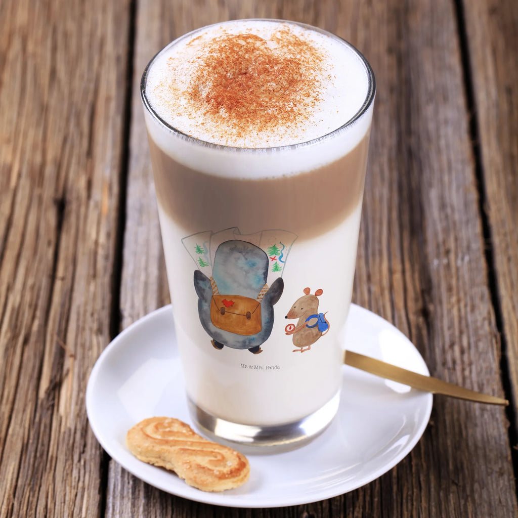 Glas Pinguin & Maus Wanderer Cappuccino Glas, Glas, Cappuccino Tasse, Latte Macchiato, Pinguin, Pinguine, Abenteurer, Abenteuer, Roadtrip, Ausflug, Wanderlust, wandern