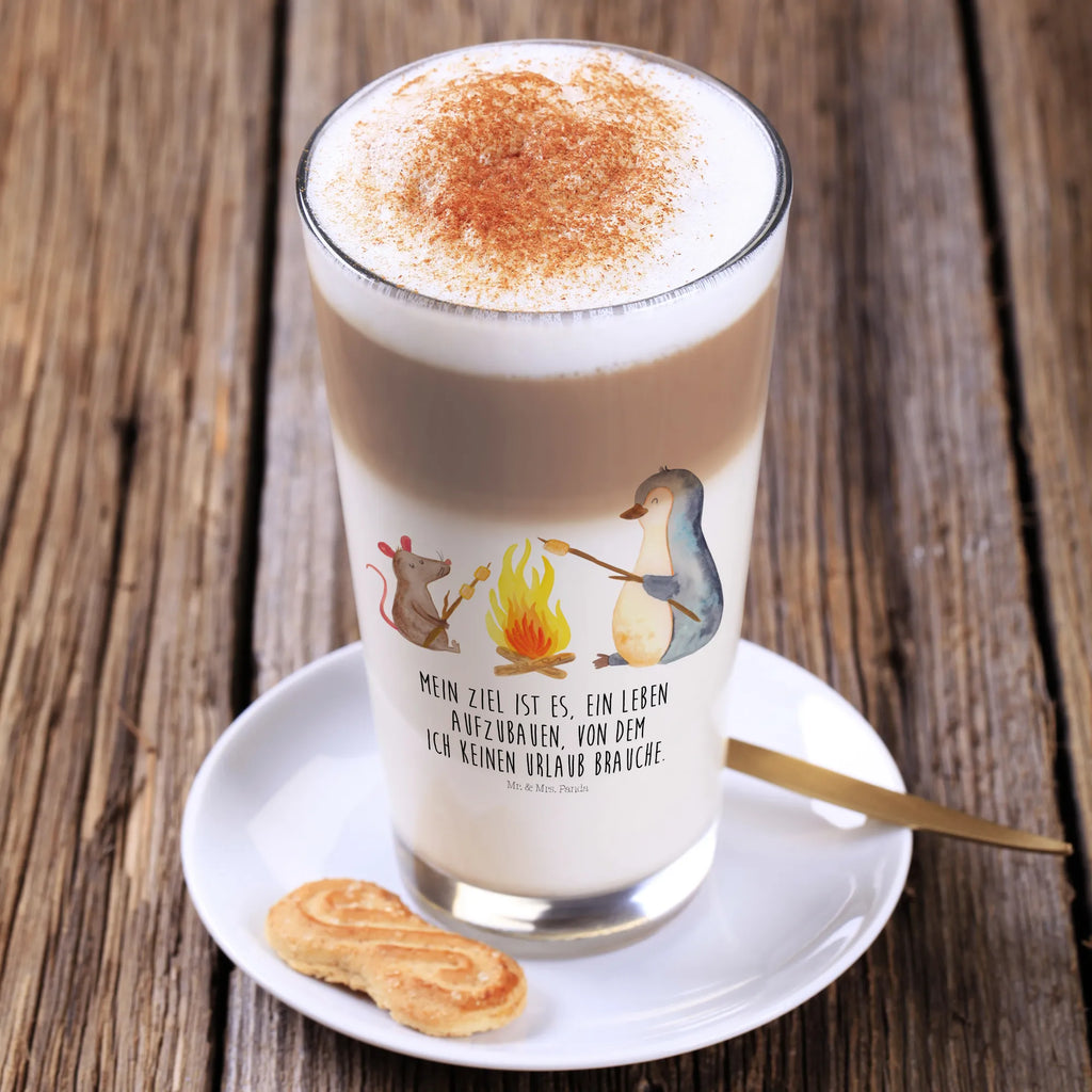 Glas Pinguin Lagerfeuer Cappuccino Glas, Glas, Cappuccino Tasse, Latte Macchiato, Pinguin, Maus, Pinguine, Lagerfeuer, Leben, Arbeit, Job, Motivation, Büro, Büroalltag, Lebensspruch, Lebensmotivation, Neustart, Liebe, grillen, Feuer, Marshmallows