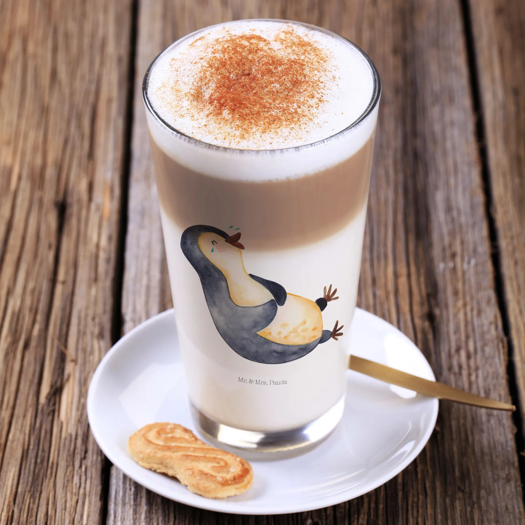 Glas Pinguin lachend Cappuccino Glas, Glas, Cappuccino Tasse, Latte Macchiato, Pinguin, Pinguine, lustiger Spruch, Optimismus, Fröhlich, Lachen, Humor, Fröhlichkeit