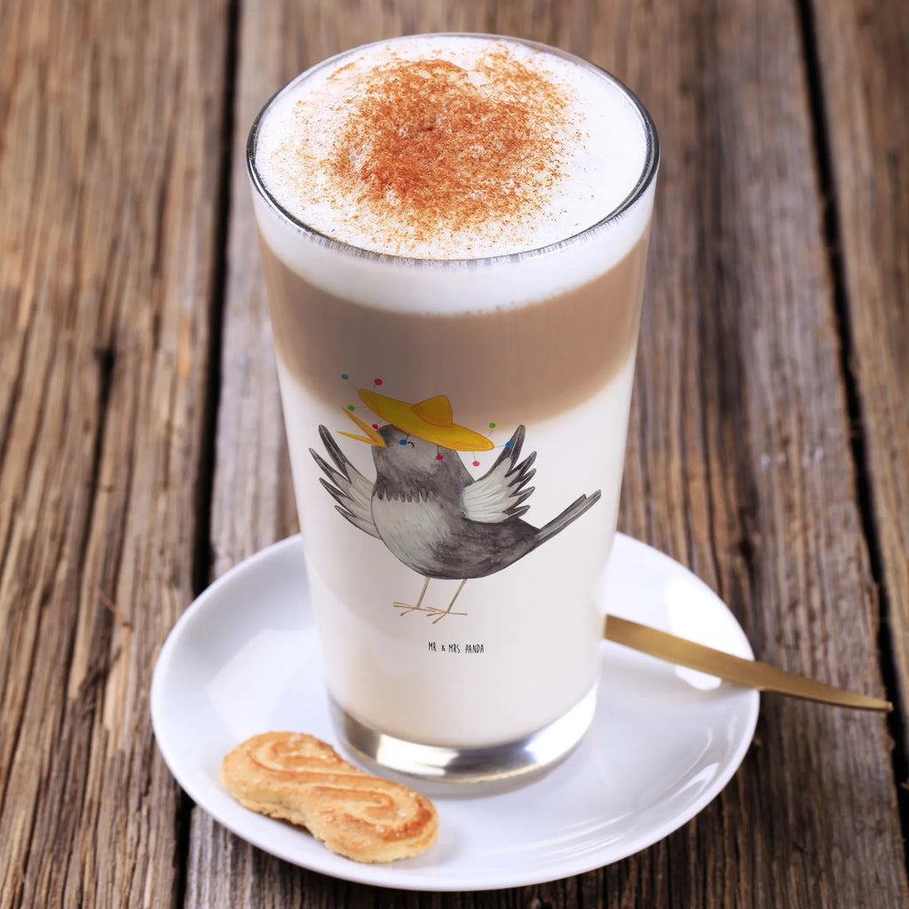 Glas Rabe mit Sombrero Cappuccino Glas, Glas, Cappuccino Tasse, Latte Macchiato, Tiermotive, Gute Laune, lustige Sprüche, Tiere, Rabe, Vogel, Vögel, Spruch positiv, fröhlich sein, glücklich sein, Glück Spruch, froh, Elster, Motivation