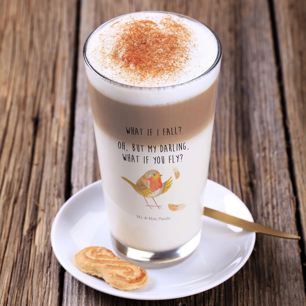 Glas Rotkehlchen mit Federn Cappuccino Glas, Glas, Cappuccino Tasse, Latte Macchiato, Tiermotive, Gute Laune, lustige Sprüche, Tiere, What if i fall, Rotkehlchen, Spruch Motivation, Spruch Mut, Vogel, Motivation Sprüche, Motivationsbilder, fliegen