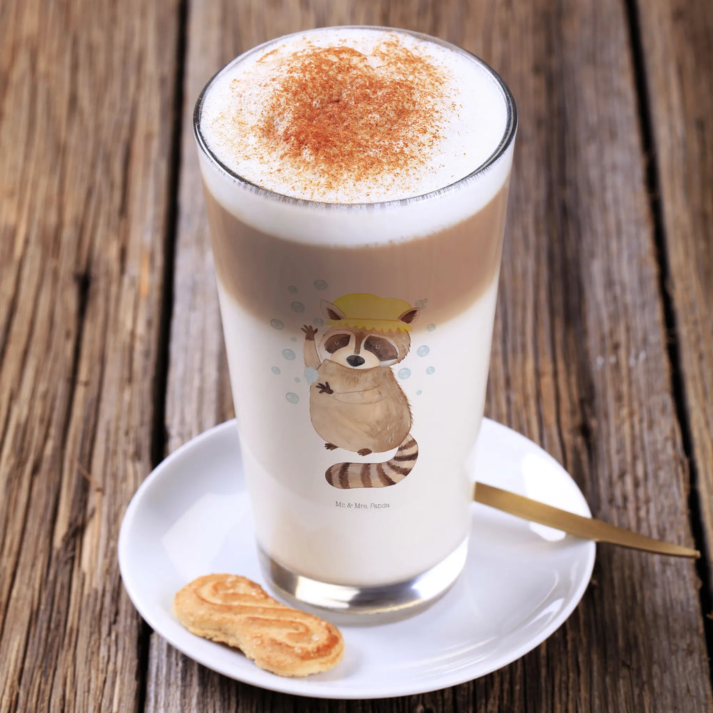 Glas Waschbär Cappuccino Glas, Glas, Cappuccino Tasse, Latte Macchiato, Tiermotive, Gute Laune, lustige Sprüche, Tiere, Waschbär, Tagträumen, Plan, Fröhlich, waschen, Seifenblasen