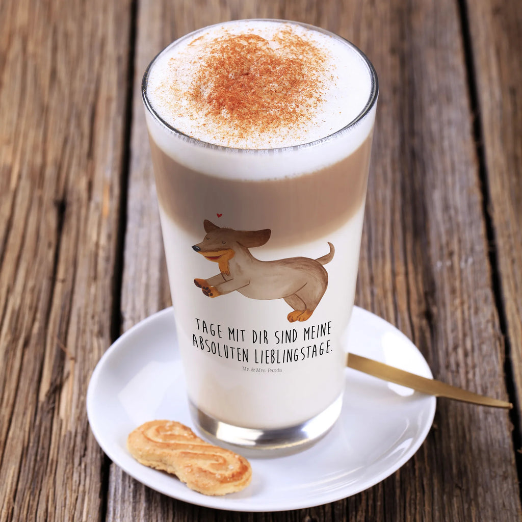 Glas Hund Dackel fröhlich Cappuccino Glas, Glas, Cappuccino Tasse, Latte Macchiato, Hund, Hundemotiv, Haustier, Hunderasse, Tierliebhaber, Hundebesitzer, Sprüche, Hunde, Dackel, Dachshund, happy dog