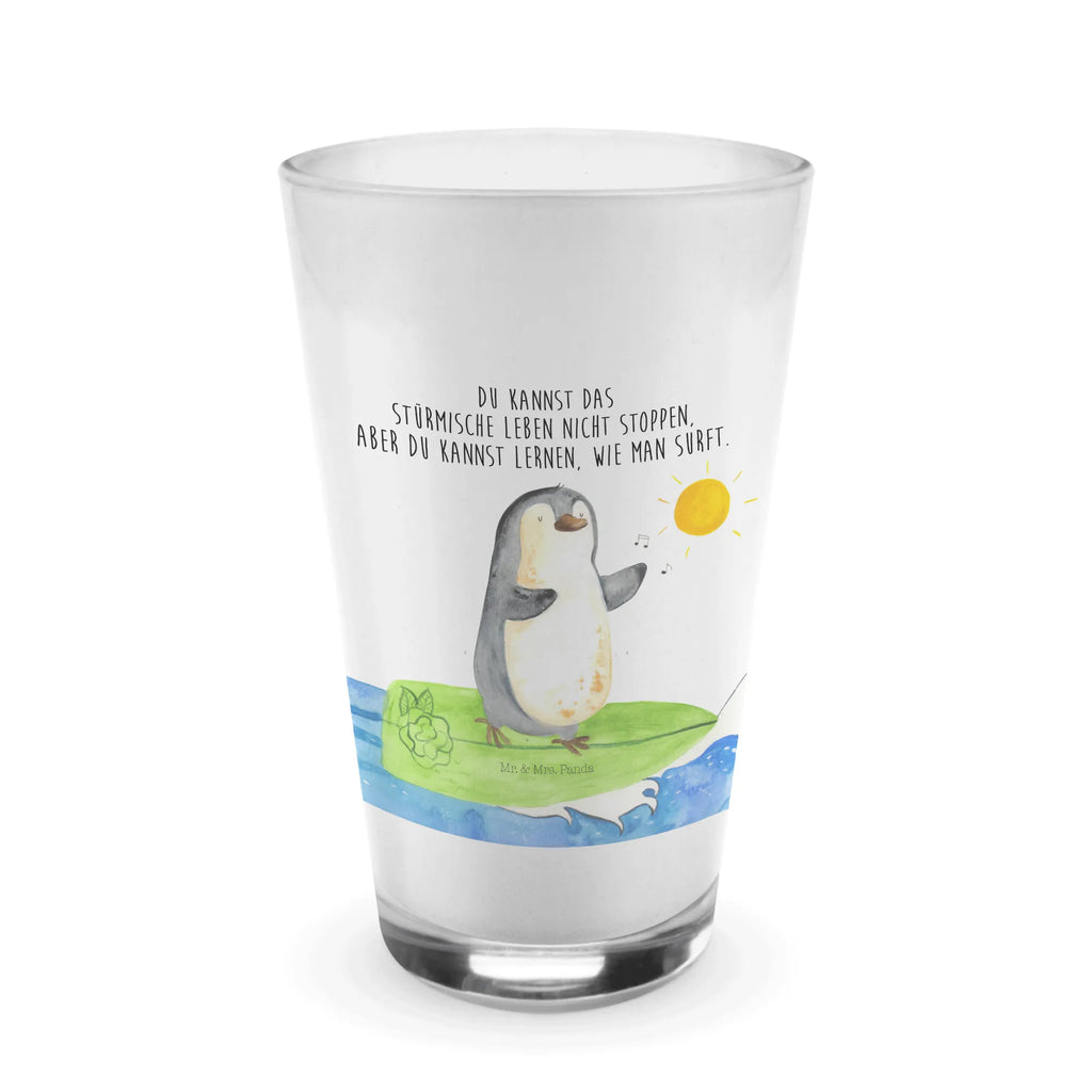 Glas Pinguin Surfer Cappuccino Glas, Glas, Cappuccino Tasse, Latte Macchiato, Pinguin, Pinguine, surfen, Surfer, Hawaii, Urlaub, Wellen, Wellen reiten, Portugal