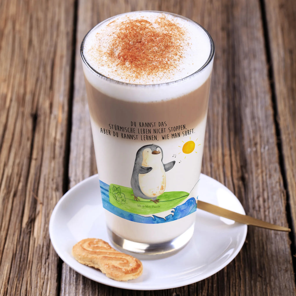 Glas Pinguin Surfer Cappuccino Glas, Glas, Cappuccino Tasse, Latte Macchiato, Pinguin, Pinguine, surfen, Surfer, Hawaii, Urlaub, Wellen, Wellen reiten, Portugal