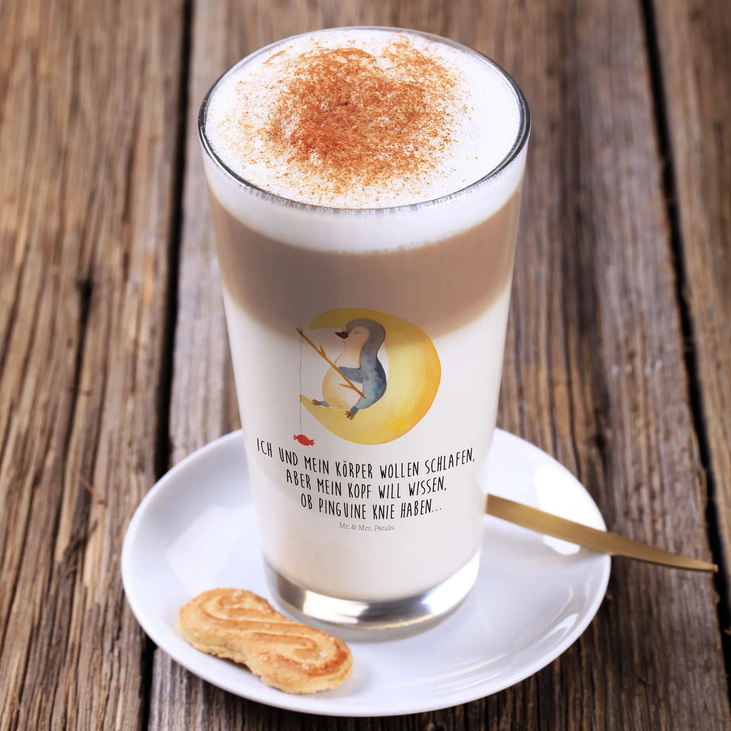 Glas Pinguin Mond Cappuccino Glas, Glas, Cappuccino Tasse, Latte Macchiato, Pinguin, Pinguine, Spruch, schlafen, Nachtruhe, Einschlafen, Schlafzimmer, Schlafstörungen, Gästezimmer