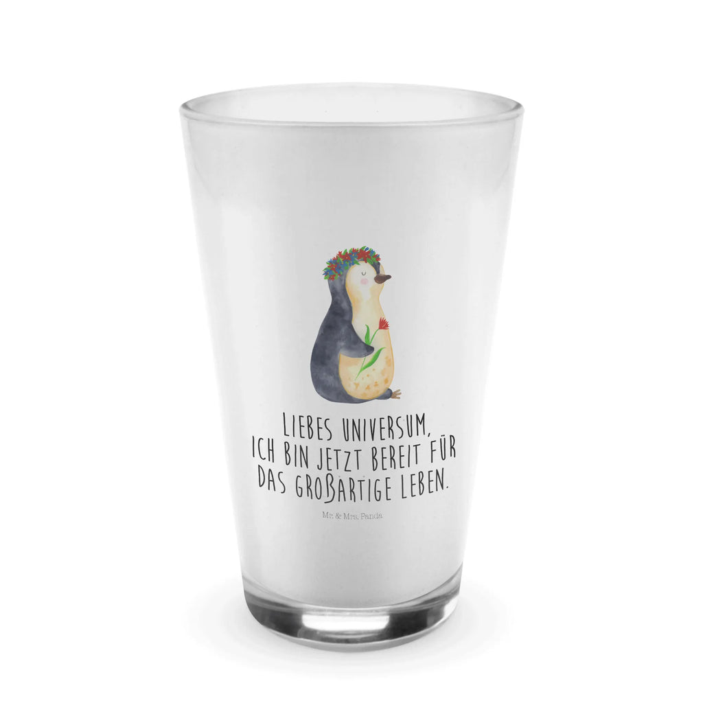 Glas Pinguin Blumenkranz Cappuccino Glas, Glas, Cappuccino Tasse, Latte Macchiato, Pinguin, Pinguine, Blumenkranz, Universum, Leben, Wünsche, Ziele, Lebensziele, Motivation, Lebenslust, Liebeskummer, Geschenkidee