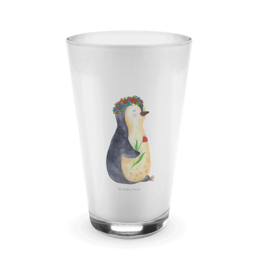 Glas Pinguin Blumenkranz Cappuccino Glas, Glas, Cappuccino Tasse, Latte Macchiato, Pinguin, Pinguine, Blumenkranz, Universum, Leben, Wünsche, Ziele, Lebensziele, Motivation, Lebenslust, Liebeskummer, Geschenkidee