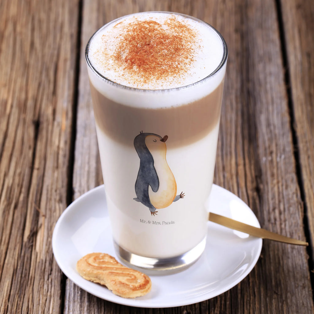 Glas Pinguin marschierend Cappuccino Glas, Glas, Cappuccino Tasse, Latte Macchiato, Pinguin, Pinguine, Frühaufsteher, Langschläfer, Bruder, Schwester, Familie