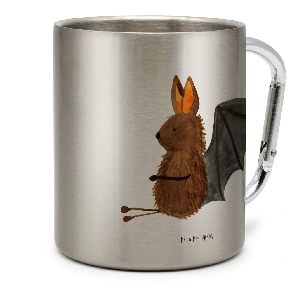 Edelstahlbecher Fledermaus sitzend Edelstahltasse, Karabiner, Edelstahlbecher, Outdoor, Camping, Tasse, Becher, Tiermotive, Gute Laune, lustige Sprüche, Tiere, Fledermaus, Fledermäuse, Motivation, entspannen