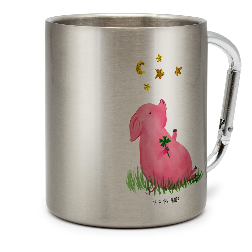 Edelstahlbecher Glücksschwein Edelstahltasse, Karabiner, Edelstahlbecher, Outdoor, Camping, Tasse, Becher, Tiermotive, Gute Laune, lustige Sprüche, Tiere, Glücksschwein. Glück, Schwein, Schweinchen, Sterne, Sernchen, Ziele, Träume, Motivation, Glücksbringer