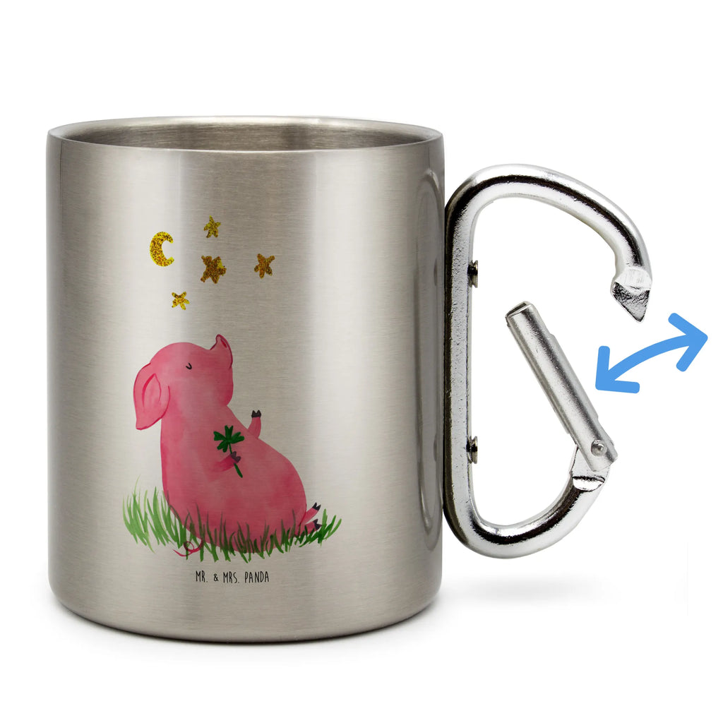 Edelstahlbecher Glücksschwein Edelstahltasse, Karabiner, Edelstahlbecher, Outdoor, Camping, Tasse, Becher, Tiermotive, Gute Laune, lustige Sprüche, Tiere, Glücksschwein. Glück, Schwein, Schweinchen, Sterne, Sernchen, Ziele, Träume, Motivation, Glücksbringer