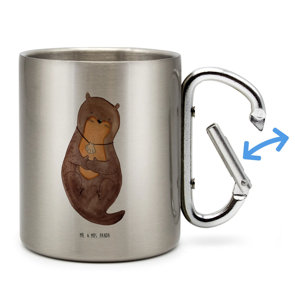 Edelstahlbecher Otter mit Muschelmedaillon Edelstahltasse, Karabiner, Edelstahlbecher, Outdoor, Camping, Tasse, Becher, Otter, Fischotter, Seeotter, Otterliebe, grübeln, träumen, Motivation, Tagträumen, Büro