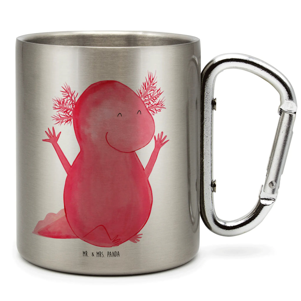 Edelstahlbecher Axolotl Hurra Edelstahltasse, Karabiner, Edelstahlbecher, Outdoor, Camping, Tasse, Becher, Axolotl, Molch, Axolot, Schwanzlurch, Lurch, Lurche, fröhlich, Spaß, Freude, Motivation, Zufriedenheit