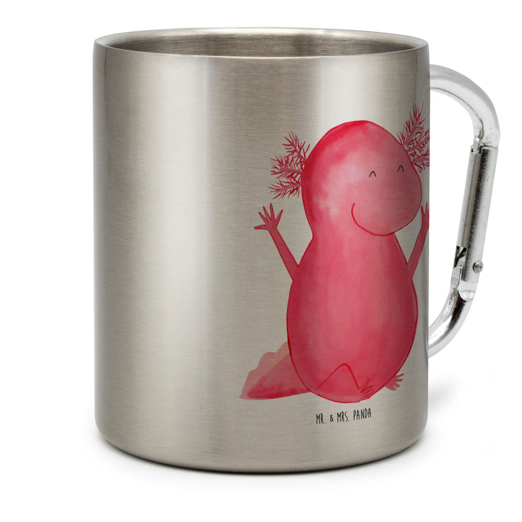 Edelstahlbecher Axolotl Hurra Edelstahltasse, Karabiner, Edelstahlbecher, Outdoor, Camping, Tasse, Becher, Axolotl, Molch, Axolot, Schwanzlurch, Lurch, Lurche, fröhlich, Spaß, Freude, Motivation, Zufriedenheit