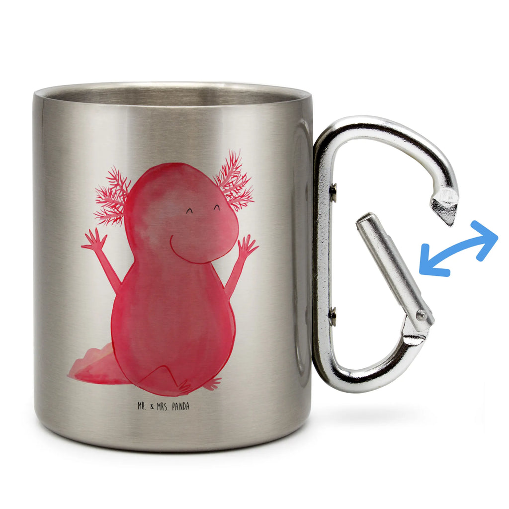 Edelstahlbecher Axolotl Hurra Edelstahltasse, Karabiner, Edelstahlbecher, Outdoor, Camping, Tasse, Becher, Axolotl, Molch, Axolot, Schwanzlurch, Lurch, Lurche, fröhlich, Spaß, Freude, Motivation, Zufriedenheit