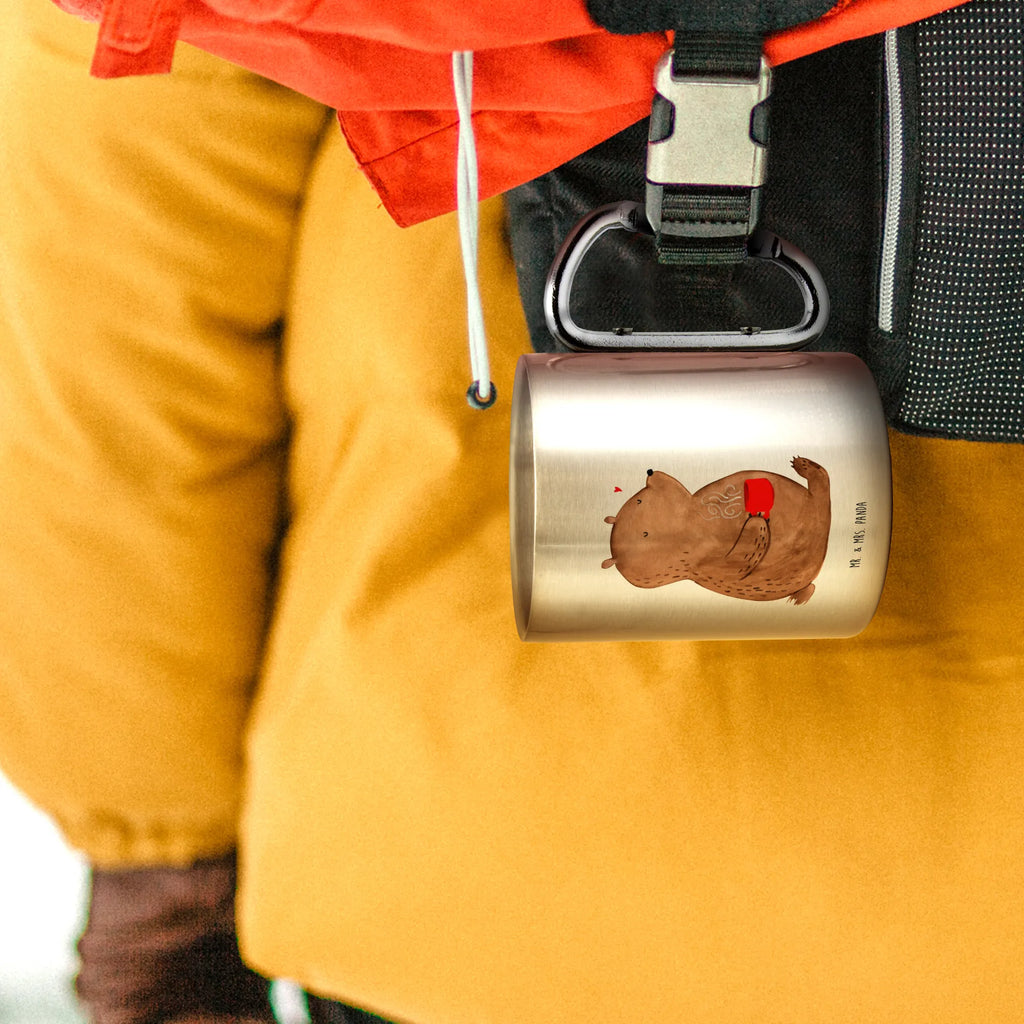 Edelstahlbecher Bär Kaffee Edelstahltasse, Karabiner, Edelstahlbecher, Outdoor, Camping, Tasse, Becher, Bär, Teddy, Teddybär, Kaffee, Coffee, Bären, guten Morgen, Morgenroutine, Welt erobern, Welt retten, Motivation