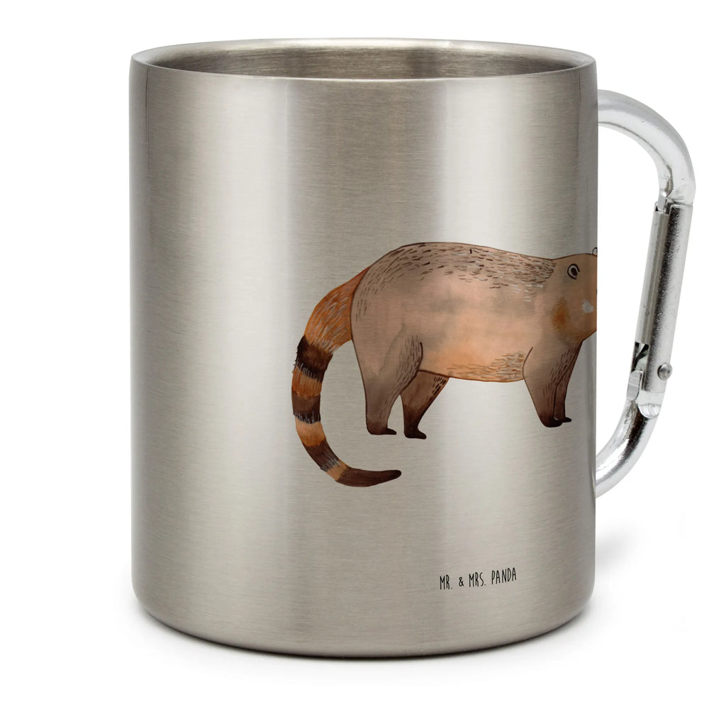 Edelstahlbecher Nasenbaer Edelstahltasse, Karabiner, Edelstahlbecher, Outdoor, Camping, Tasse, Becher, Tiermotive, Gute Laune, lustige Sprüche, Tiere, Nasenbär, Nasenbären, Rüsselbär, Bär