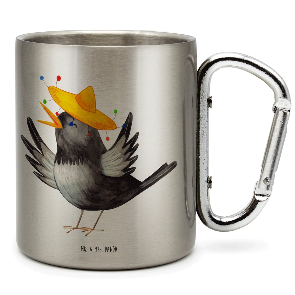 Edelstahlbecher Rabe mit Sombrero Edelstahltasse, Karabiner, Edelstahlbecher, Outdoor, Camping, Tasse, Becher, Tiermotive, Gute Laune, lustige Sprüche, Tiere, Rabe, Vogel, Vögel, Spruch positiv, fröhlich sein, glücklich sein, Glück Spruch, froh, Elster, Motivation