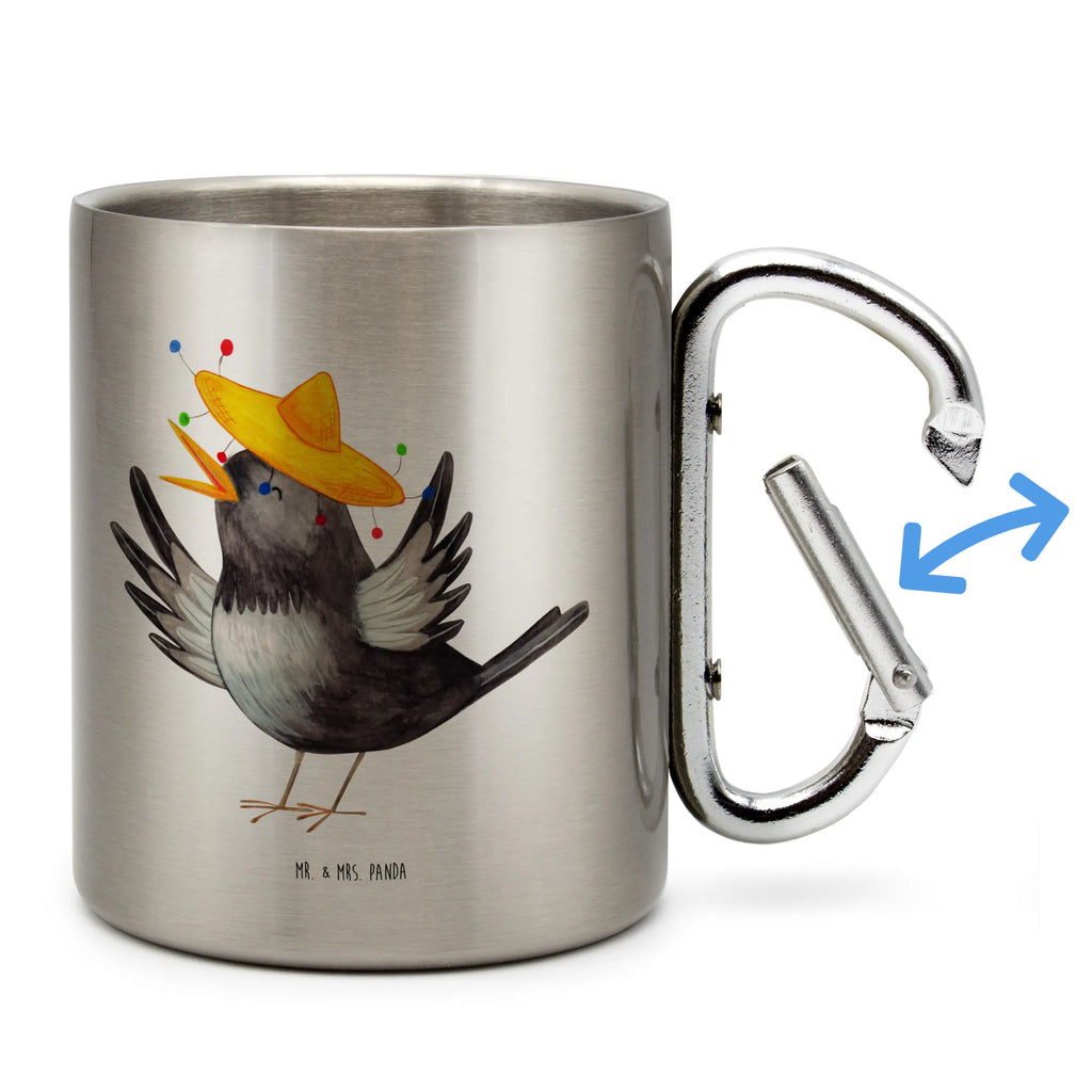 Edelstahlbecher Rabe mit Sombrero Edelstahltasse, Karabiner, Edelstahlbecher, Outdoor, Camping, Tasse, Becher, Tiermotive, Gute Laune, lustige Sprüche, Tiere, Rabe, Vogel, Vögel, Spruch positiv, fröhlich sein, glücklich sein, Glück Spruch, froh, Elster, Motivation