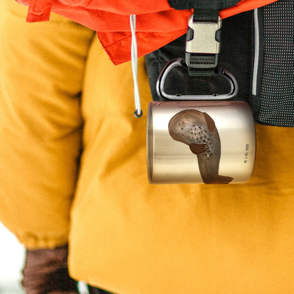 Edelstahlbecher Robbe lachend Edelstahltasse, Karabiner, Edelstahlbecher, Outdoor, Camping, Tasse, Becher, Tiermotive, Gute Laune, lustige Sprüche, Tiere, Robbe, Robben, Seehund, Strand, Meerestier, Ostsee, Nordsee