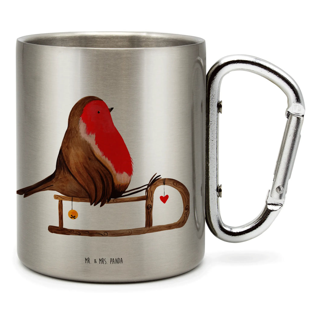 Edelstahlbecher Rotkehlchen Schlitten Edelstahltasse, Karabiner, Edelstahlbecher, Outdoor, Camping, Tasse, Becher, Winter, Weihnachten, Weihnachtsdeko, Nikolaus, Advent, Heiligabend, Wintermotiv, Schlitten, Vogel