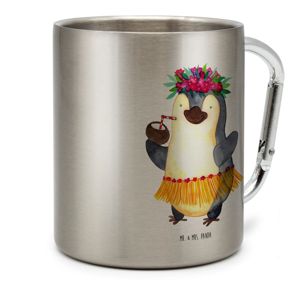 Edelstahlbecher Pinguin Kokosnuss Edelstahltasse, Karabiner, Edelstahlbecher, Outdoor, Camping, Tasse, Becher, Pinguin, Aloha, Hawaii, Urlaub, Kokosnuss, Pinguine