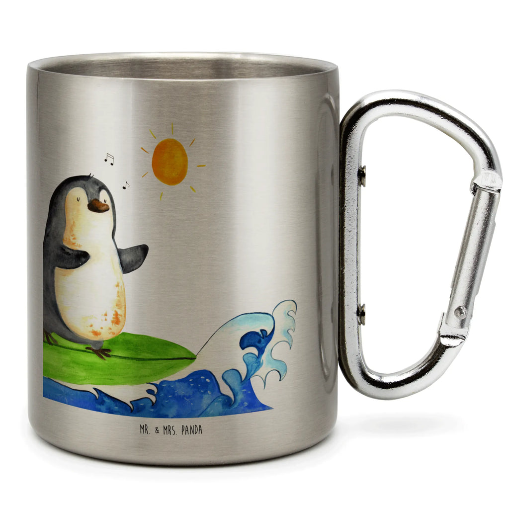 Edelstahlbecher Pinguin Surfer Edelstahltasse, Karabiner, Edelstahlbecher, Outdoor, Camping, Tasse, Becher, Pinguin, Pinguine, surfen, Surfer, Hawaii, Urlaub, Wellen, Wellen reiten, Portugal