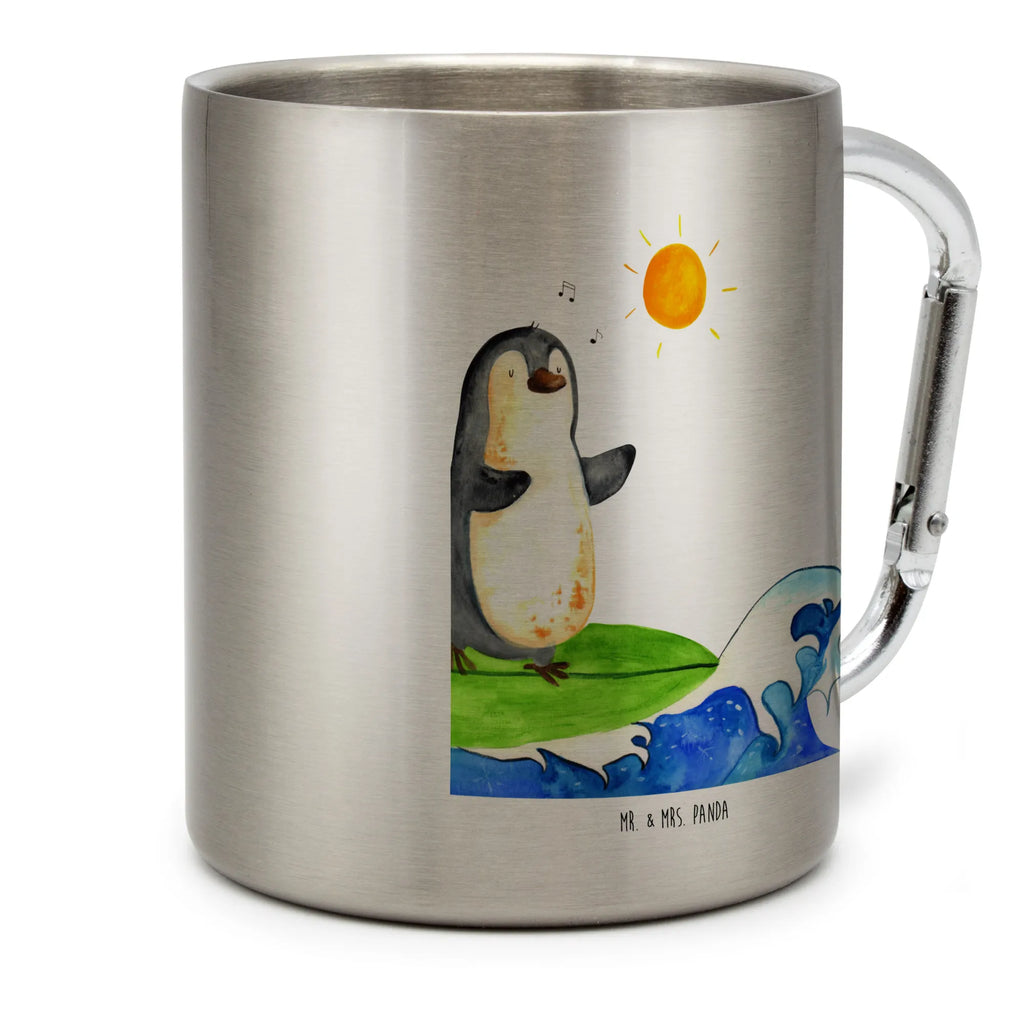 Edelstahlbecher Pinguin Surfer Edelstahltasse, Karabiner, Edelstahlbecher, Outdoor, Camping, Tasse, Becher, Pinguin, Pinguine, surfen, Surfer, Hawaii, Urlaub, Wellen, Wellen reiten, Portugal