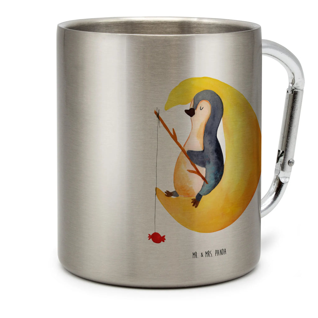 Edelstahlbecher Pinguin Mond Edelstahltasse, Karabiner, Edelstahlbecher, Outdoor, Camping, Tasse, Becher, Pinguin, Pinguine, Spruch, schlafen, Nachtruhe, Einschlafen, Schlafzimmer, Schlafstörungen, Gästezimmer