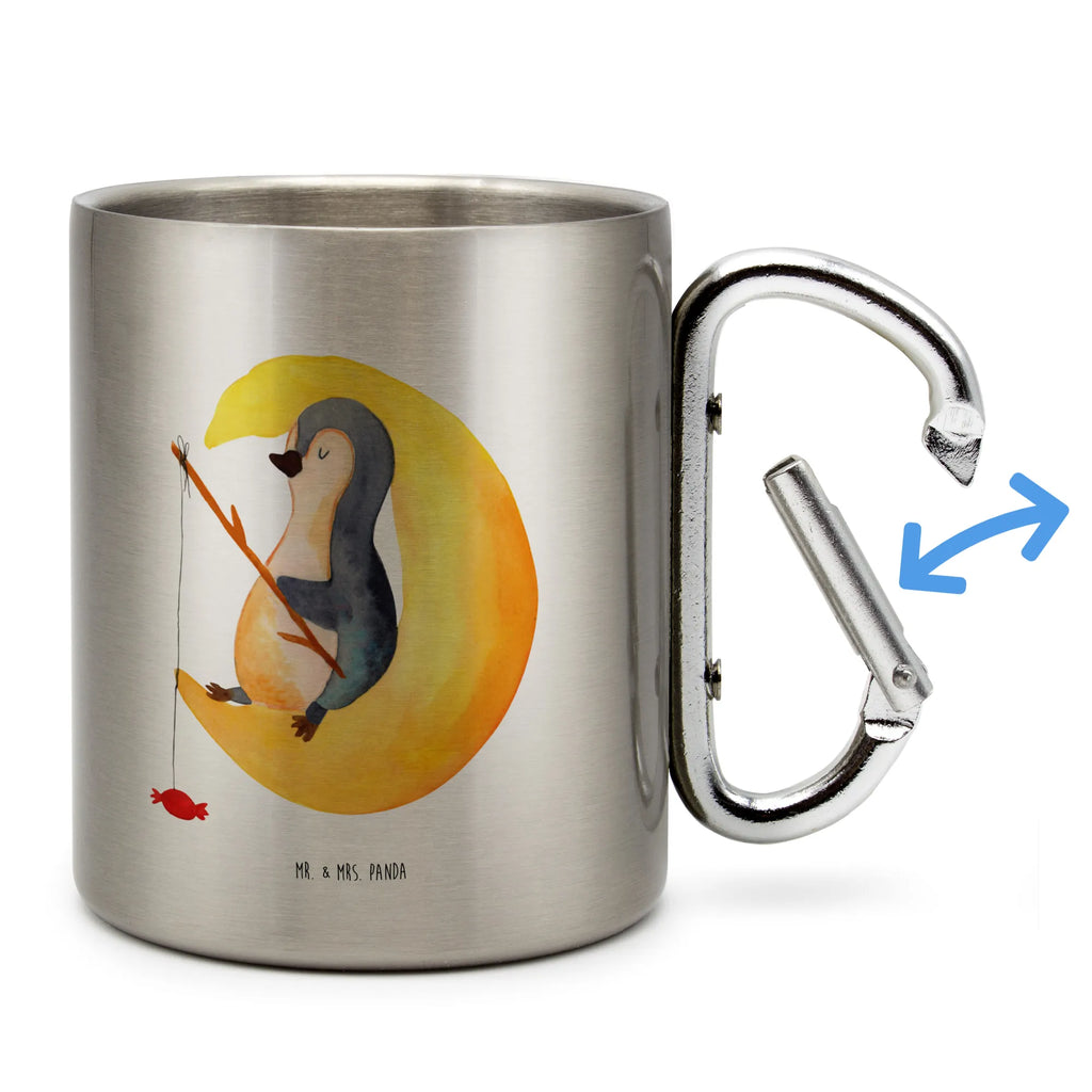 Edelstahlbecher Pinguin Mond Edelstahltasse, Karabiner, Edelstahlbecher, Outdoor, Camping, Tasse, Becher, Pinguin, Pinguine, Spruch, schlafen, Nachtruhe, Einschlafen, Schlafzimmer, Schlafstörungen, Gästezimmer