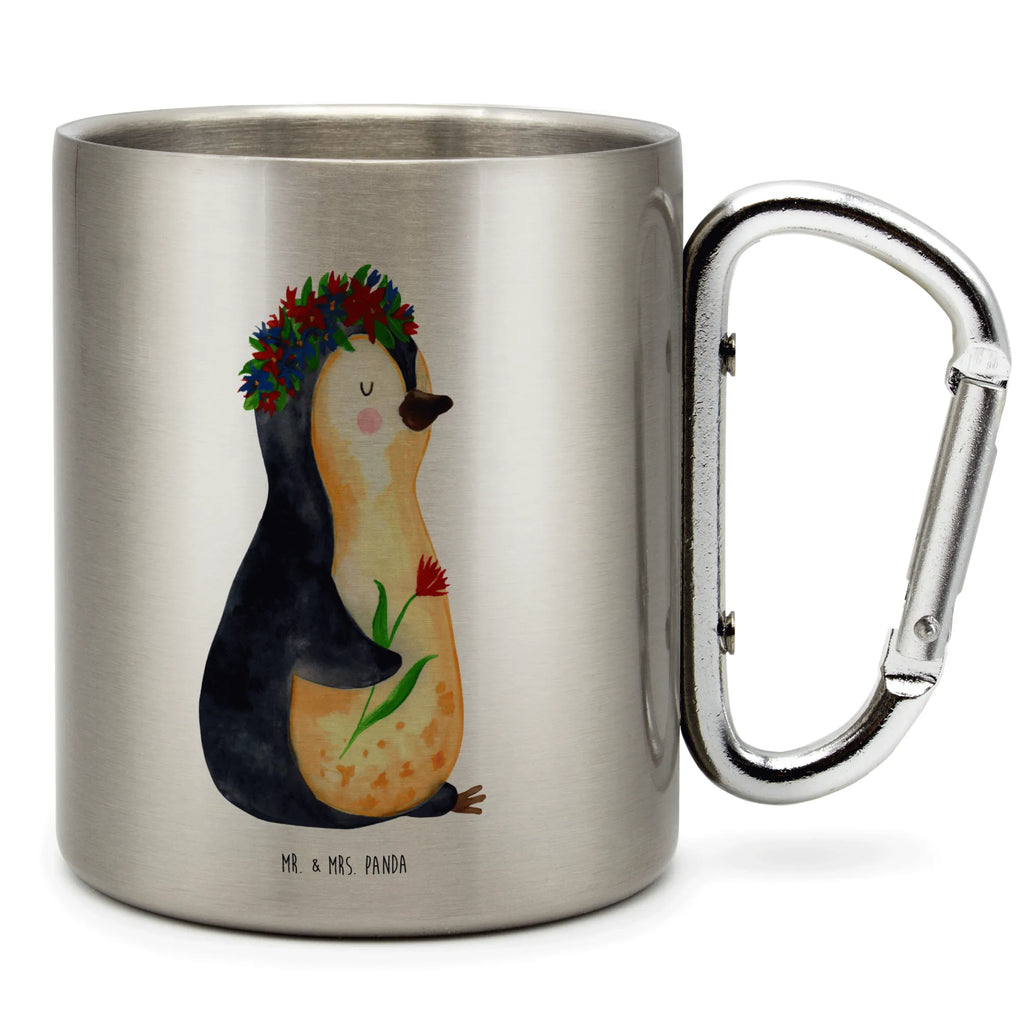 Edelstahlbecher Pinguin Blumenkranz Edelstahltasse, Karabiner, Edelstahlbecher, Outdoor, Camping, Tasse, Becher, Pinguin, Pinguine, Blumenkranz, Universum, Leben, Wünsche, Ziele, Lebensziele, Motivation, Lebenslust, Liebeskummer, Geschenkidee