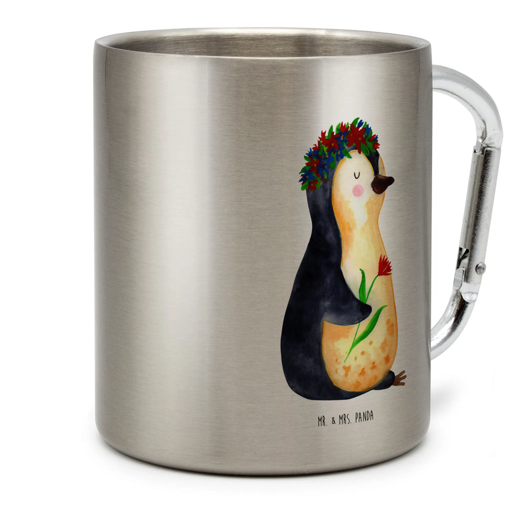 Edelstahlbecher Pinguin Blumenkranz Edelstahltasse, Karabiner, Edelstahlbecher, Outdoor, Camping, Tasse, Becher, Pinguin, Pinguine, Blumenkranz, Universum, Leben, Wünsche, Ziele, Lebensziele, Motivation, Lebenslust, Liebeskummer, Geschenkidee