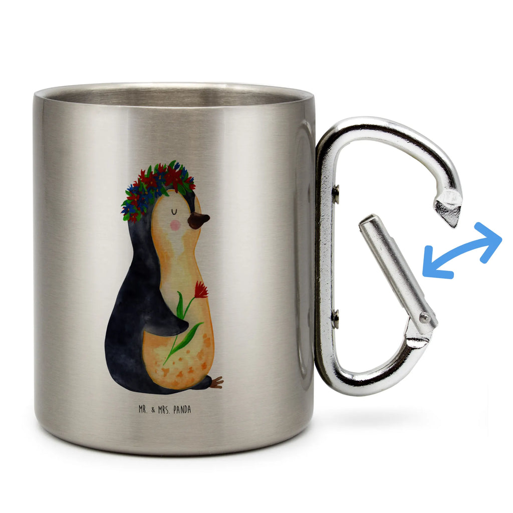 Edelstahlbecher Pinguin Blumenkranz Edelstahltasse, Karabiner, Edelstahlbecher, Outdoor, Camping, Tasse, Becher, Pinguin, Pinguine, Blumenkranz, Universum, Leben, Wünsche, Ziele, Lebensziele, Motivation, Lebenslust, Liebeskummer, Geschenkidee