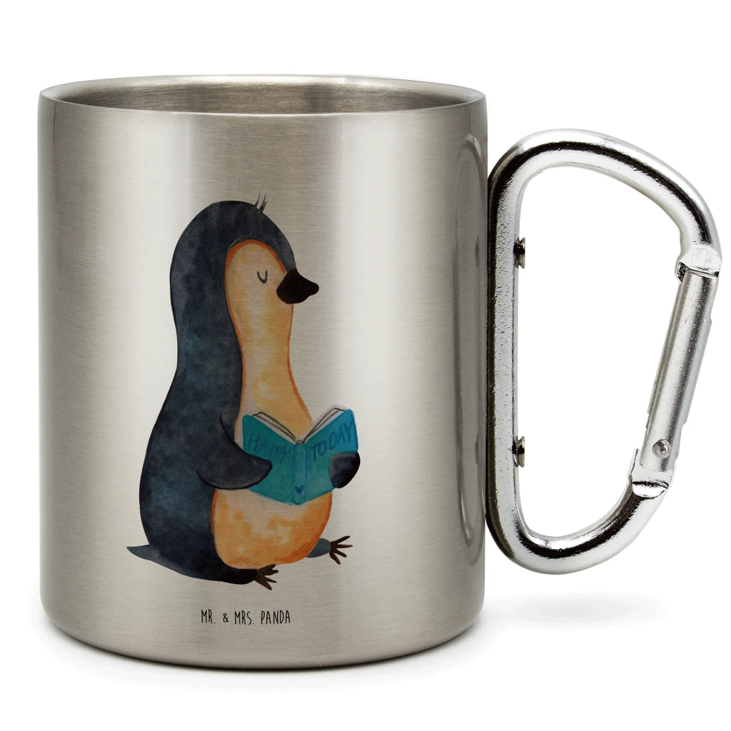 Edelstahlbecher Pinguin Buch Edelstahltasse, Karabiner, Edelstahlbecher, Outdoor, Camping, Tasse, Becher, Pinguin, Pinguine, Buch, Lesen, Bücherwurm, Nichtstun, Faulenzen, Ferien, Urlaub, Freizeit