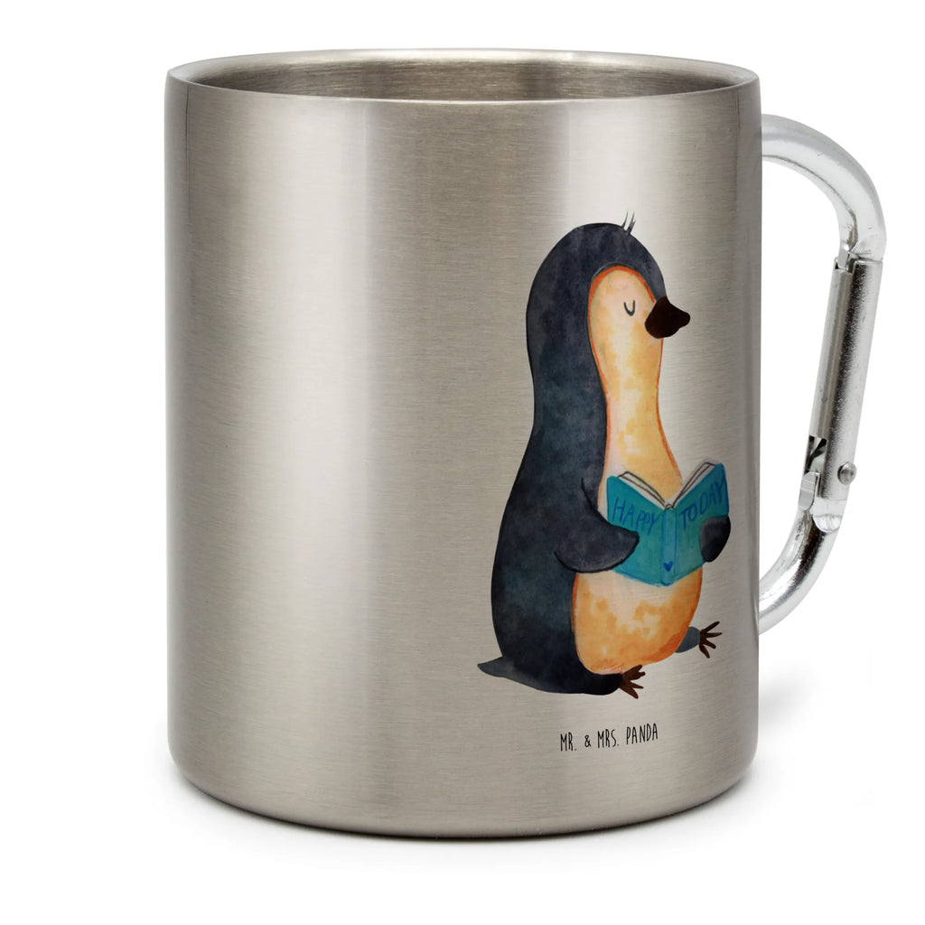 Edelstahlbecher Pinguin Buch Edelstahltasse, Karabiner, Edelstahlbecher, Outdoor, Camping, Tasse, Becher, Pinguin, Pinguine, Buch, Lesen, Bücherwurm, Nichtstun, Faulenzen, Ferien, Urlaub, Freizeit