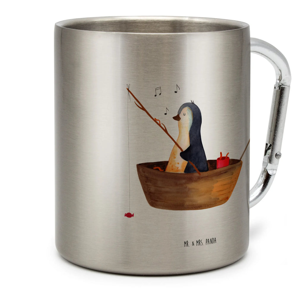 Edelstahlbecher Pinguin Angelboot Edelstahltasse, Karabiner, Edelstahlbecher, Outdoor, Camping, Tasse, Becher, Pinguin, Pinguine, Angeln, Boot, Angelboot, Lebenslust, Leben, genießen, Motivation, Neustart, Neuanfang, Trennung, Scheidung, Geschenkidee Liebeskummer