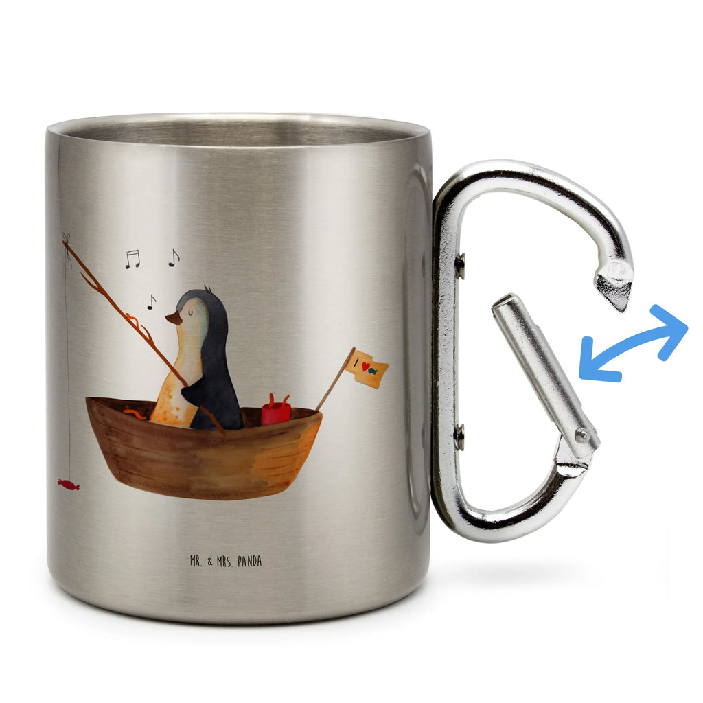 Edelstahlbecher Pinguin Angelboot Edelstahltasse, Karabiner, Edelstahlbecher, Outdoor, Camping, Tasse, Becher, Pinguin, Pinguine, Angeln, Boot, Angelboot, Lebenslust, Leben, genießen, Motivation, Neustart, Neuanfang, Trennung, Scheidung, Geschenkidee Liebeskummer