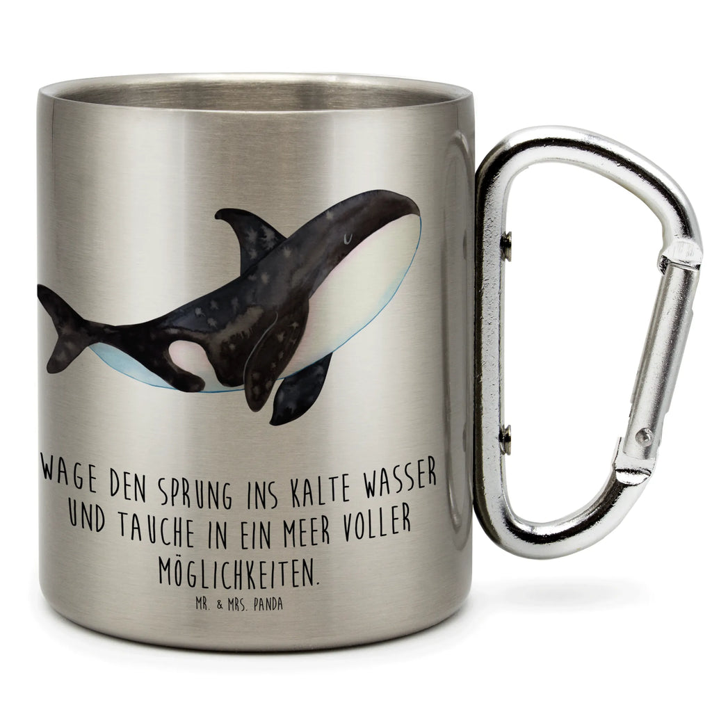 Edelstahlbecher Orca Edelstahltasse, Karabiner, Edelstahlbecher, Outdoor, Camping, Tasse, Becher, Meerestiere, Meer, Urlaub, Orca, Orcas, Killerwal, Wal, Möglichkeiten, Büro, Arbeit, Motivation, Selbstliebe, Neustart, Startup