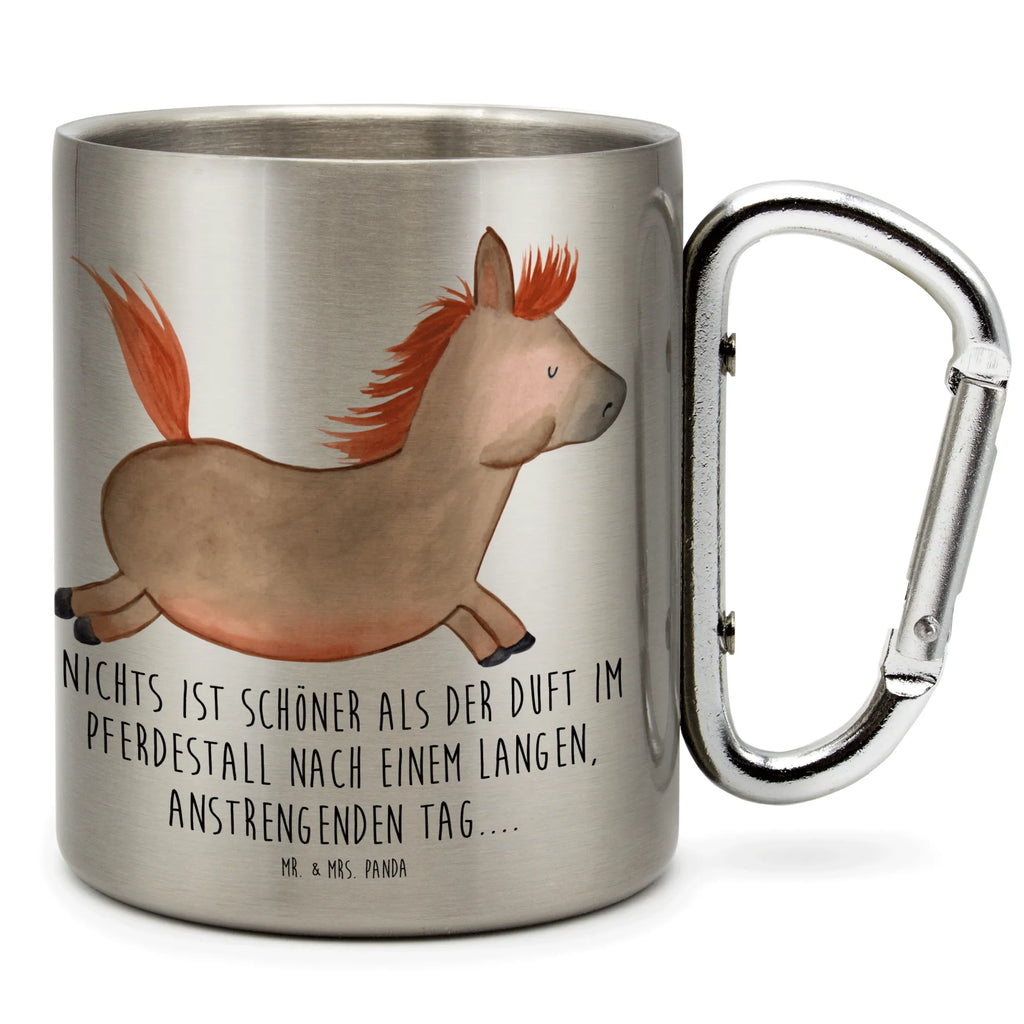 Edelstahlbecher Pferd springt Edelstahltasse, Karabiner, Edelstahlbecher, Outdoor, Camping, Tasse, Becher, Bauernhof, Hoftiere, Landwirt, Landwirtin, Pferd, Pony, Pferde, Stall, Pferdestall, ausreiten, reiten, Pferdebesitzer