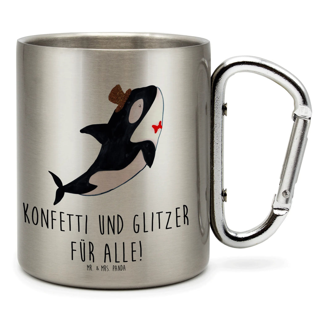 Edelstahlbecher Orca Zylinder Edelstahltasse, Karabiner, Edelstahlbecher, Outdoor, Camping, Tasse, Becher, Meerestiere, Meer, Urlaub, Narwal, Glitter, Konfetti, Glitzer, Geburtstag, Feier, Fete, Fest, Glückwunsch, Orca