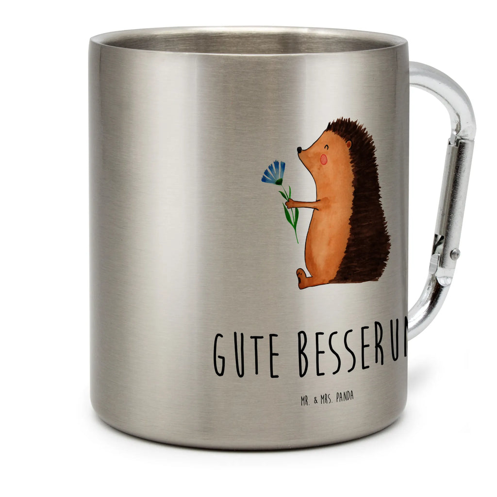 Edelstahlbecher Igel mit Blume Edelstahltasse, Karabiner, Edelstahlbecher, Outdoor, Camping, Tasse, Becher, Tiermotive, Gute Laune, lustige Sprüche, Tiere, Igel, Gute Besserung, Genesungswünsche, Krankheit, Krankenhaus, krank, Besuch