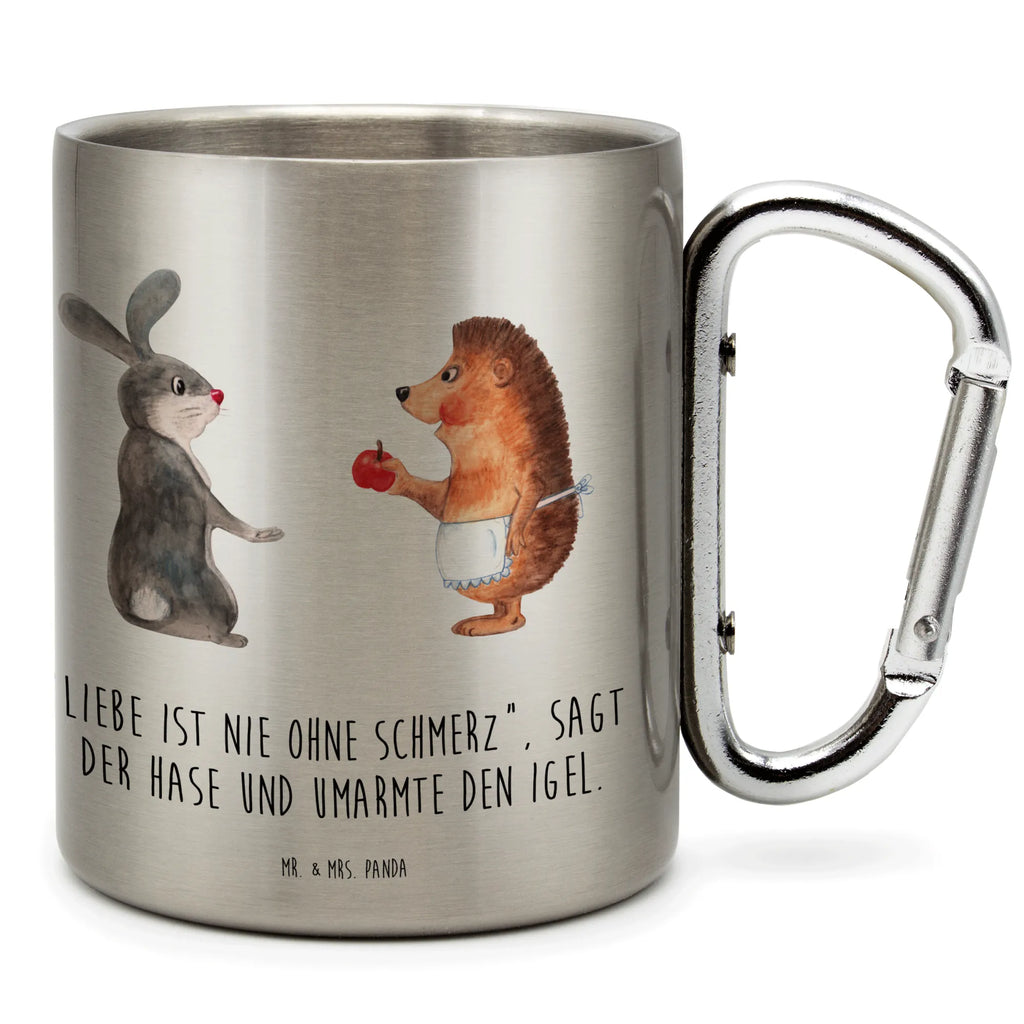 Edelstahlbecher Liebe ist nie ohne Schmerz Edelstahltasse, Karabiner, Edelstahlbecher, Outdoor, Camping, Tasse, Becher, Tiermotive, Gute Laune, lustige Sprüche, Tiere, Igel und Hase, Igel, Hase, Liebe Spruch, Liebeskummer Geschenk, Herzschmerz, Trösten, Trennungsschmerz, Spruch romantisch