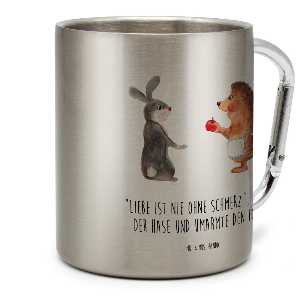 Edelstahlbecher Liebe ist nie ohne Schmerz Edelstahltasse, Karabiner, Edelstahlbecher, Outdoor, Camping, Tasse, Becher, Tiermotive, Gute Laune, lustige Sprüche, Tiere, Igel und Hase, Igel, Hase, Liebe Spruch, Liebeskummer Geschenk, Herzschmerz, Trösten, Trennungsschmerz, Spruch romantisch