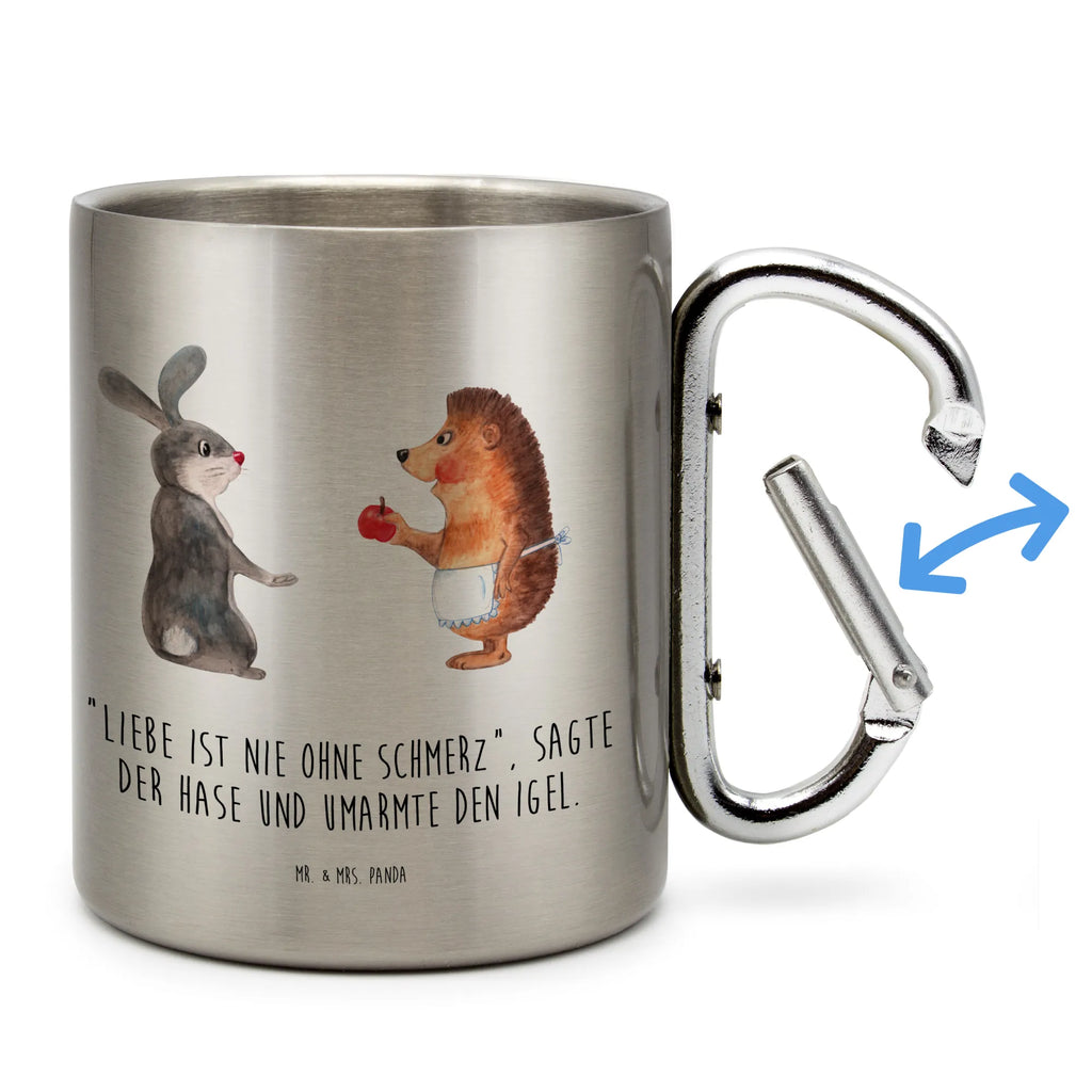 Edelstahlbecher Liebe ist nie ohne Schmerz Edelstahltasse, Karabiner, Edelstahlbecher, Outdoor, Camping, Tasse, Becher, Tiermotive, Gute Laune, lustige Sprüche, Tiere, Igel und Hase, Igel, Hase, Liebe Spruch, Liebeskummer Geschenk, Herzschmerz, Trösten, Trennungsschmerz, Spruch romantisch