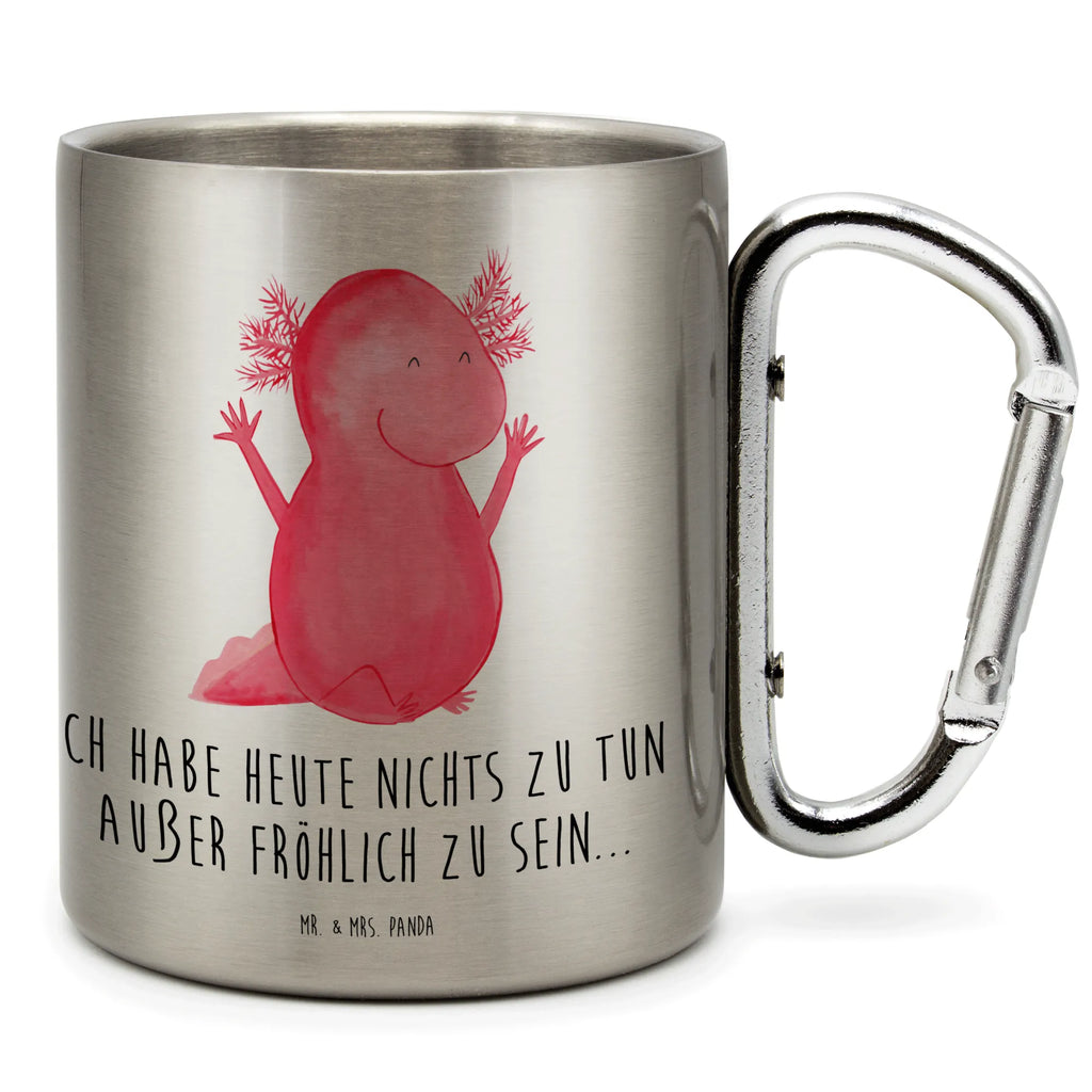 Edelstahlbecher Axolotl Hurra Edelstahltasse, Karabiner, Edelstahlbecher, Outdoor, Camping, Tasse, Becher, Axolotl, Molch, Axolot, Schwanzlurch, Lurch, Lurche, fröhlich, Spaß, Freude, Motivation, Zufriedenheit