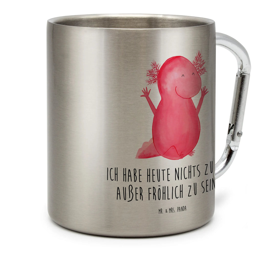 Edelstahlbecher Axolotl Hurra Edelstahltasse, Karabiner, Edelstahlbecher, Outdoor, Camping, Tasse, Becher, Axolotl, Molch, Axolot, Schwanzlurch, Lurch, Lurche, fröhlich, Spaß, Freude, Motivation, Zufriedenheit