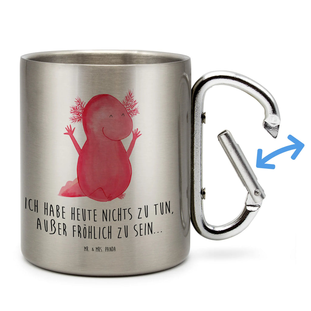 Edelstahlbecher Axolotl Hurra Edelstahltasse, Karabiner, Edelstahlbecher, Outdoor, Camping, Tasse, Becher, Axolotl, Molch, Axolot, Schwanzlurch, Lurch, Lurche, fröhlich, Spaß, Freude, Motivation, Zufriedenheit