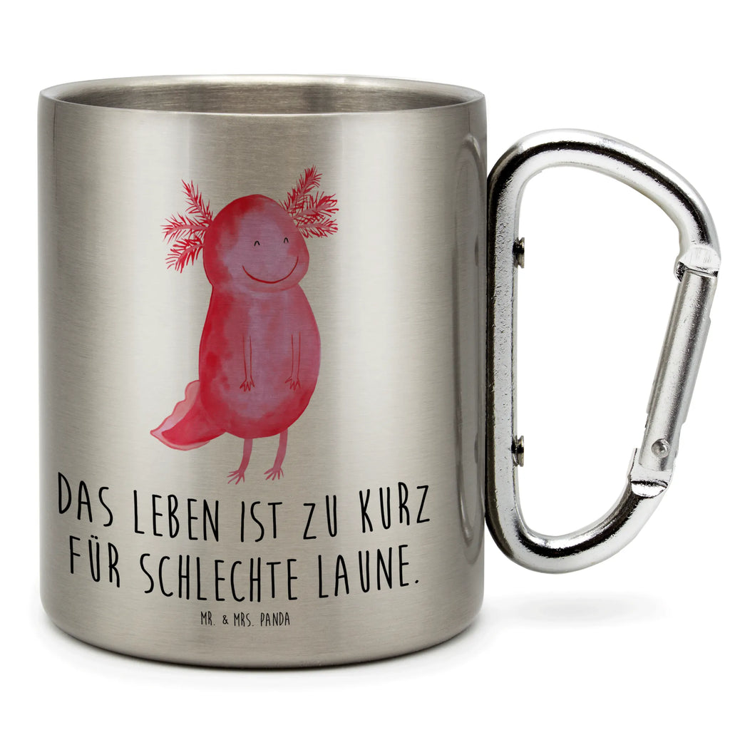 Edelstahlbecher Axolotl glücklich Edelstahltasse, Karabiner, Edelstahlbecher, Outdoor, Camping, Tasse, Becher, Axolotl, Molch, Axolot, Schwanzlurch, Lurch, Lurche, Motivation, gute Laune