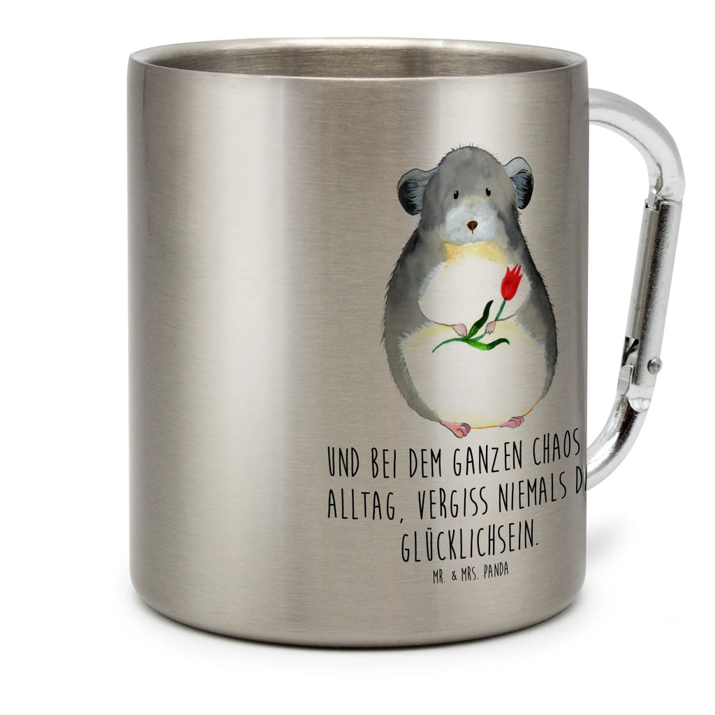 Edelstahlbecher Chinchilla mit Blume Edelstahltasse, Karabiner, Edelstahlbecher, Outdoor, Camping, Tasse, Becher, Tiermotive, Gute Laune, lustige Sprüche, Tiere, Chinchilla, Chinchillas, Liebeskummer, Kummer, Depressionen, traurig sein, Chaos, Glücklichsein, Büro, Büroalltag